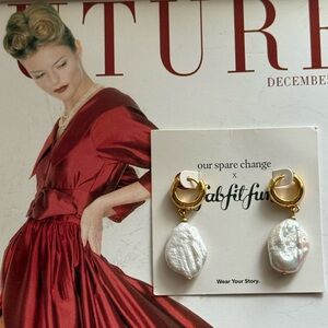 “ Our Spare Change “Gold Hoop Earrings with White Baroque Pearls